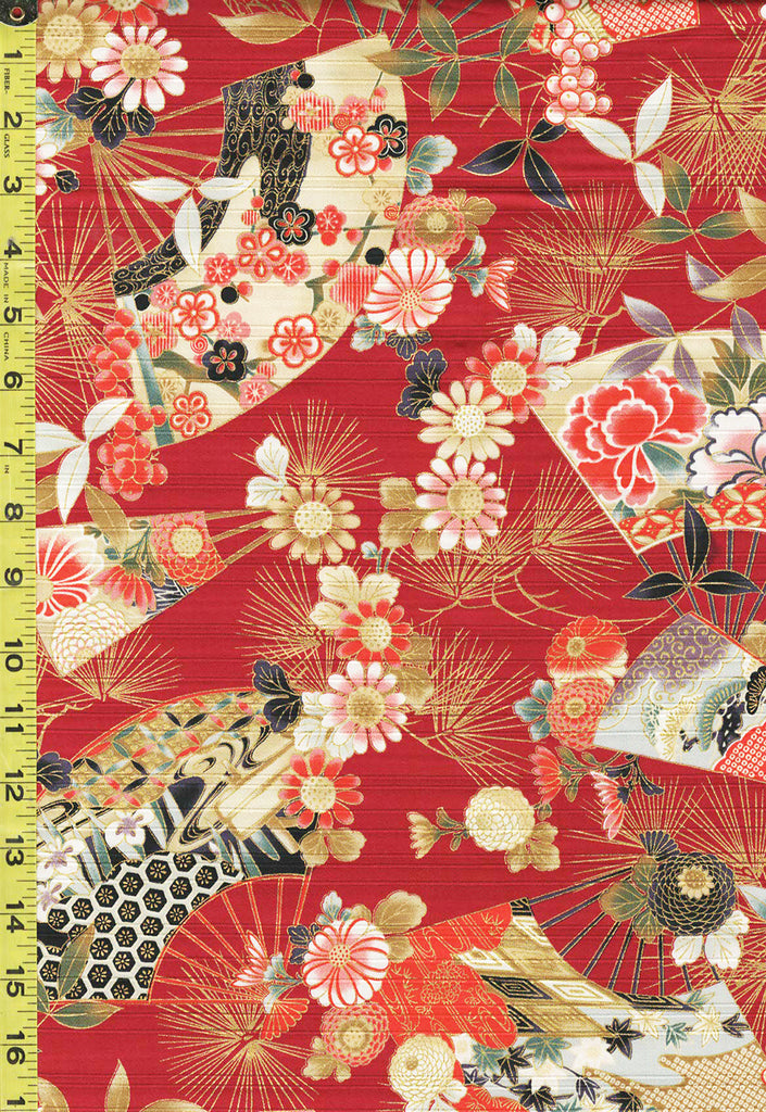 *Japanese - Cosmo Floral Fans & Pine Boughs - Shantung Dobby Weave - AP42901-3B - Red - By the Half Yard