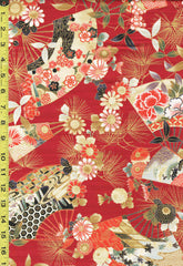 *Japanese - Cosmo Floral Fans & Pine Boughs - Shantung Dobby Weave - AP42901-3B - Red - By the Half Yard