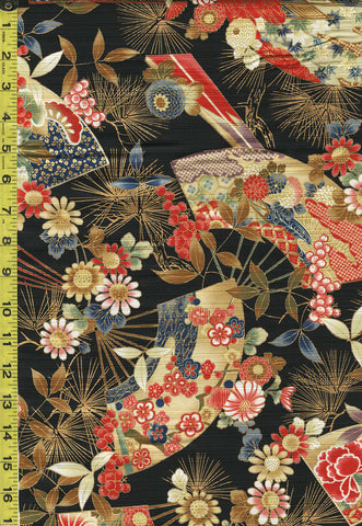 *Japanese - Cosmo Floral Fans & Pine Boughs - Shantung Dobby Weave - AP42901-3D - Black - By the Half Yard