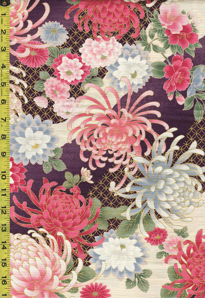 Japanese - Cosmo Chrysanthemums & Peonies - Shantung Dobby Weave - AP32703-1B - Purple