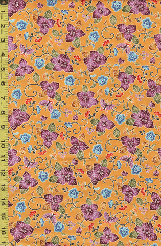 *Japanese - Cosmo Okinawa Bingata Style - Pretty Leafy Floral & Small Butterflies - AP35904-1B - Marigold