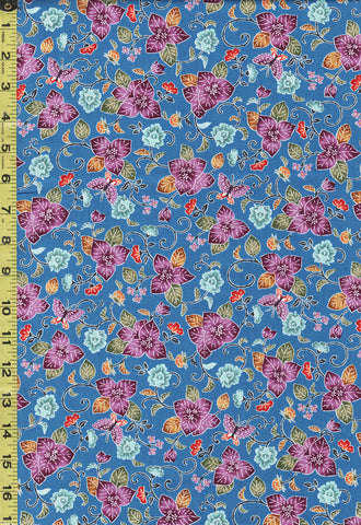 *Japanese - Cosmo Okinawa Bingata Style - Pretty Leafy Floral & Small Butterflies - AP35904-1C - Blue