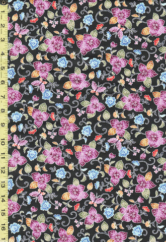 *Japanese - Cosmo Okinawa Bingata Style - Pretty Leafy Floral & Small Butterflies - AP35904-1E - Black