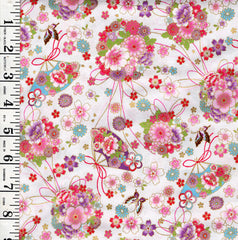 Japanese - Cosmo Floral Bouquets, Fans & Butterflies - AP45108-2A - White - By the Half Yard