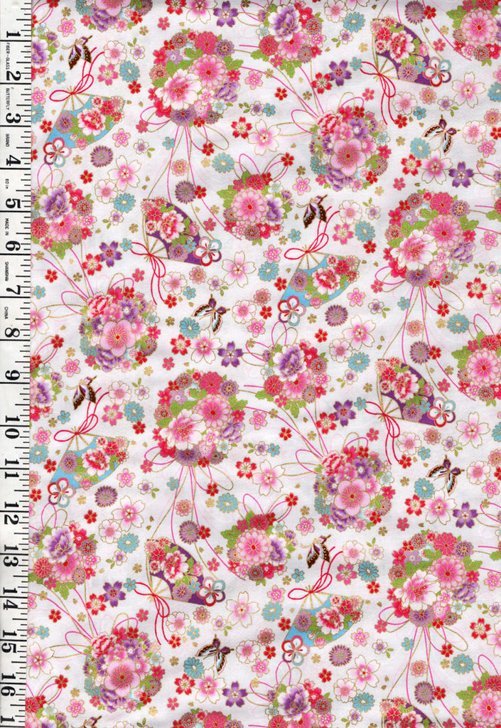 Japanese - Cosmo Floral Bouquets, Fans & Butterflies - AP45108-2A - White - By the Half Yard