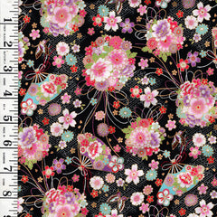 Japanese - Cosmo Floral Bouquets, Fans & Butterflies - AP45108-2E - Black - By the Half Yard