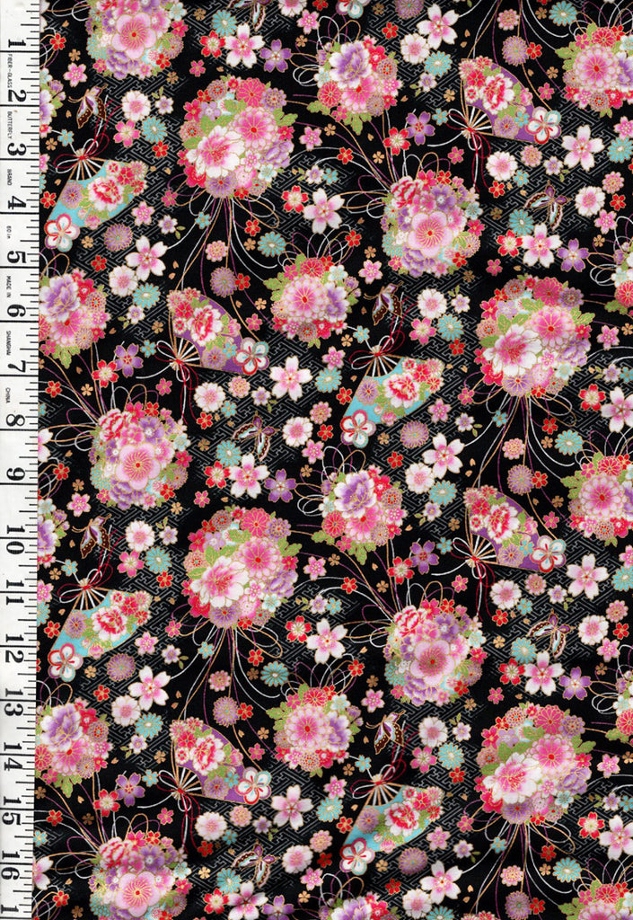 Japanese - Cosmo Floral Bouquets, Fans & Butterflies - AP45108-2E - Black - By the Half Yard
