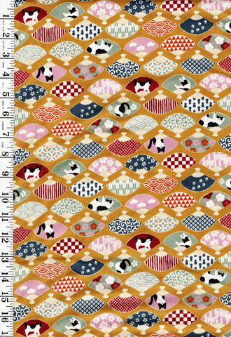 *Japanese - Cosmo Decorative Fans & Tuxedo Cats - AP45903-1A-Mustard - By the Half Yard
