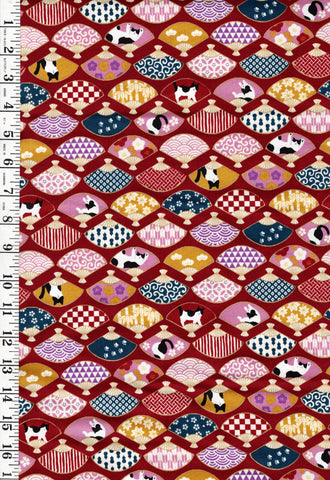 *Japanese - Cosmo Decorative Fans & Tuxedo Cats - AP45903-1C-Red - By the Half Yard