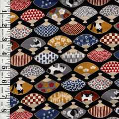 *SALE - Japanese - Cosmo Tuxedo Cats & Decorative Fans - AP45903-1E - BLACK - By the Half Yard - SAVE 20%