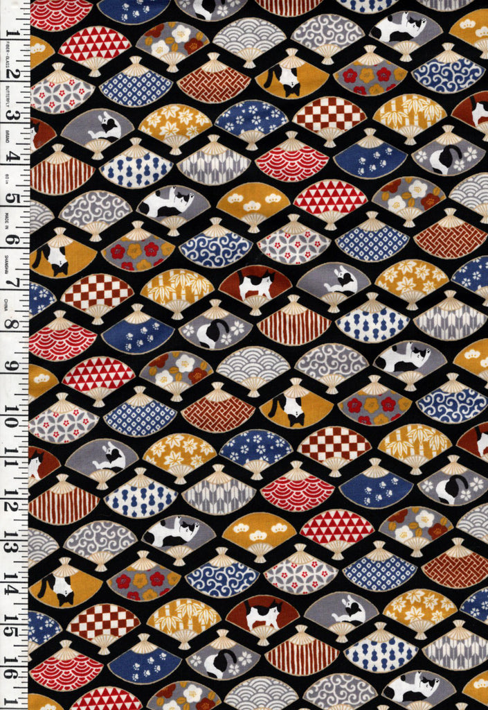 *SALE - Japanese - Cosmo Tuxedo Cats & Decorative Fans - AP45903-1E - BLACK - By the Half Yard - SAVE 20%
