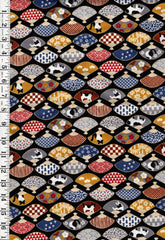 *SALE - Japanese - Cosmo Tuxedo Cats & Decorative Fans - AP45903-1E - BLACK - By the Half Yard - SAVE 20%