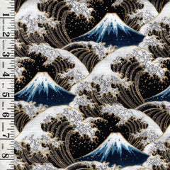 *Japanese - Cosmo Hokusai Crested Waves & Mt. Fuji - Dobby Weave - AP51903-D - BLACK - By the Half Yard