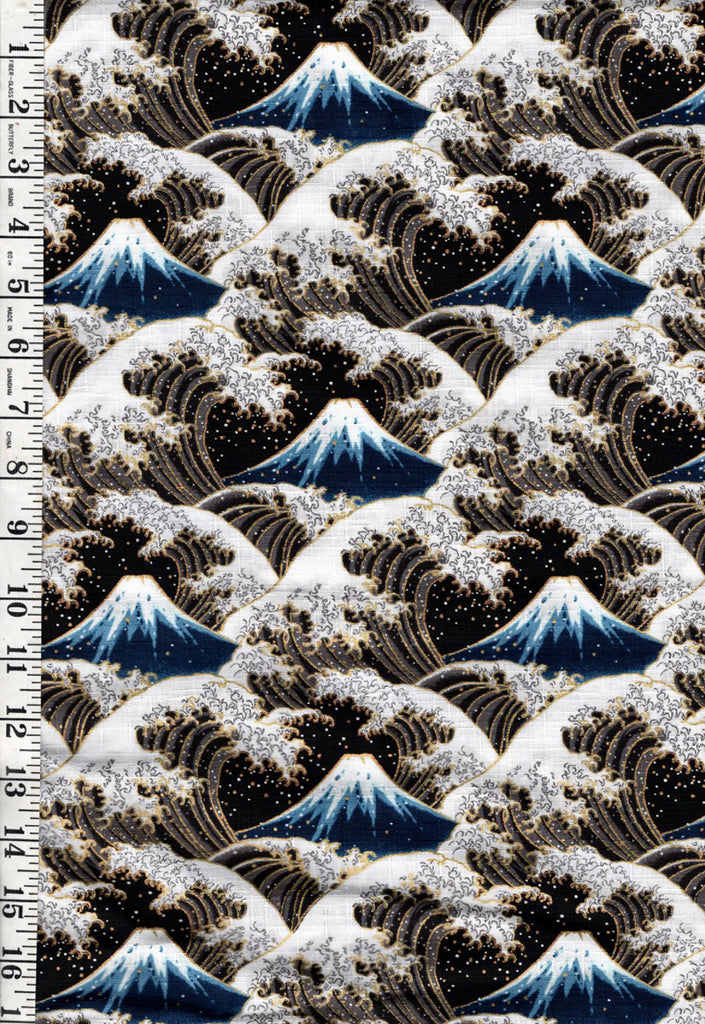 *Japanese - Cosmo Hokusai Crested Waves & Mt. Fuji - Dobby Weave - AP51903-D - BLACK - By the Half Yard
