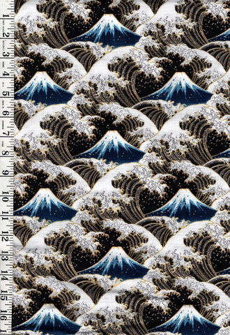 *Japanese - Cosmo Hokusai Crested Waves & Mt. Fuji - Dobby Weave - AP51903-D - BLACK - By the Half Yard