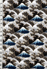 *Japanese - Cosmo Hokusai Crested Waves & Mt. Fuji - Dobby Weave - AP51903-D - BLACK - By the Half Yard