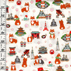 *Japanese - Cosmo Small Shiba Dogs & Temples - AP55802-1A - IVORY - By the Half Yard