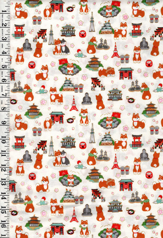 *Japanese - Cosmo Small Shiba Dogs & Temples - AP55802-1A - IVORY - By the Half Yard