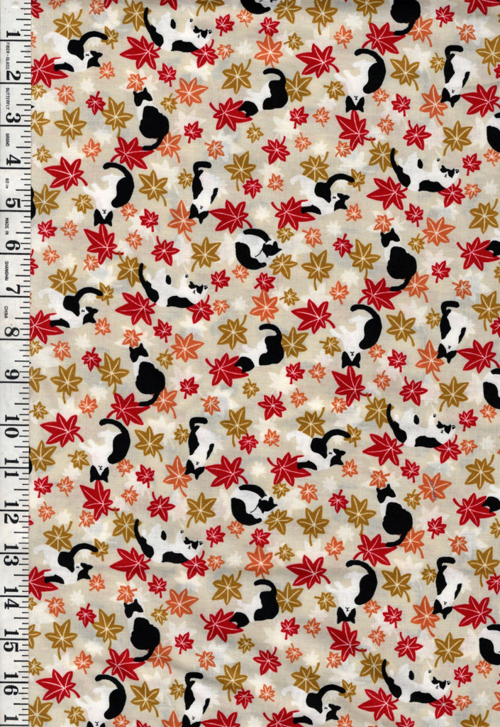 *Japanese - Cosmo Small Floating Maple Leaves & Tuxedo Cats - AP55902-1A-Flax - By the Half Yard