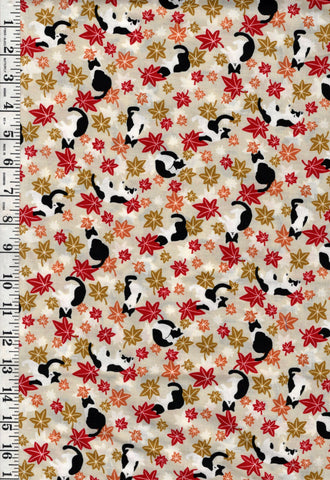 *Japanese - Cosmo Small Floating Maple Leaves & Tuxedo Cats - AP55902-1A-Flax - By the Half Yard