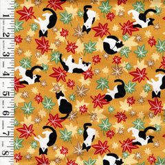 *Japanese - Cosmo Small Floating Maple Leaves & Tuxedo Cats - AP55902-1C-Mustard - By the Half Yard (Copy)