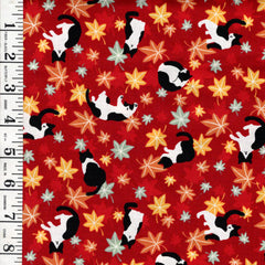 *Japanese - Cosmo Small Floating Maple Leaves & Tuxedo Cats - AP55902-1D-Red - By the Half Yard