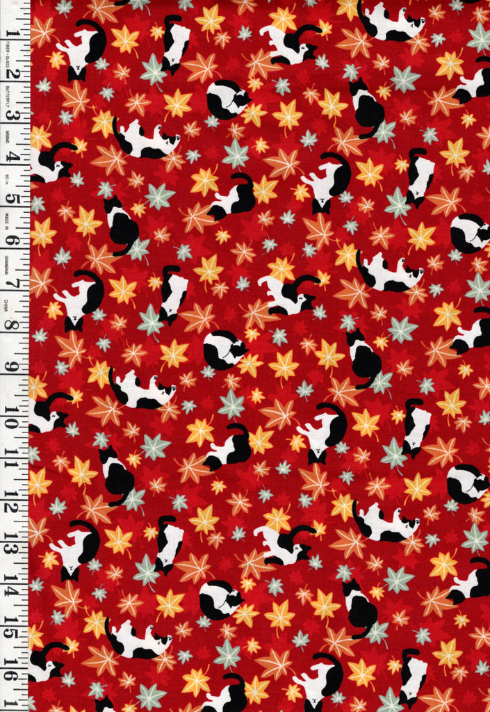 *Japanese - Cosmo Small Floating Maple Leaves & Tuxedo Cats - AP55902-1D-Red - By the Half Yard