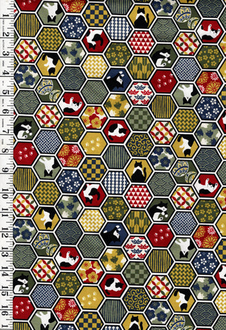 *Japanese - Cosmo Decorative Hexagons & Tuxedo Cats - AP55902-2A-Green - By the Half Yard