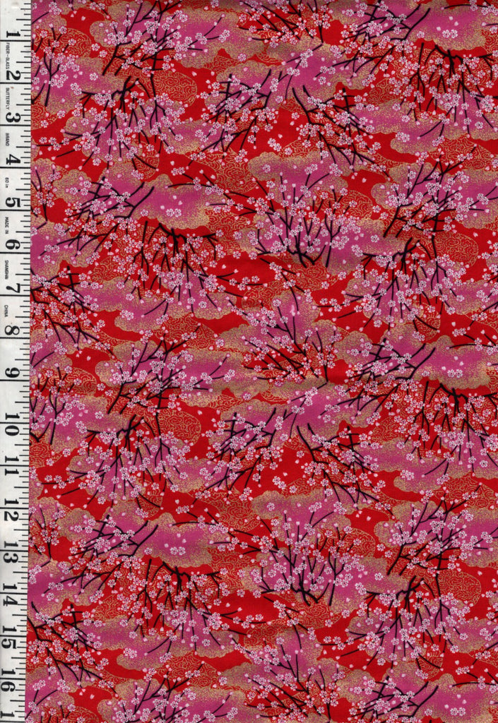 Japanese - Asano Small Blossoming Cherry Trees & Clouds - A-45000-68A - Red - By the Half Yard
