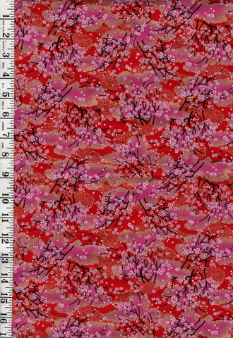Japanese - Asano Small Blossoming Cherry Trees & Clouds - A-45000-68A - Red - By the Half Yard