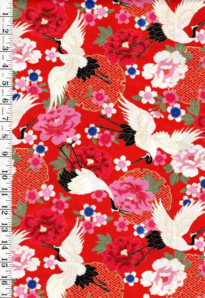 Japanese - Asano Cranes, Cherry Blossoms & Peonies - G500-1C-Red - By the Half Yard