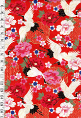 Japanese - Asano Cranes, Cherry Blossoms & Peonies - G500-1C-Red - By the Half Yard