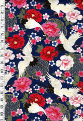 Japanese - Asano Cranes, Cherry Blossoms & Peonies - G500-1D-Navy - By the Half Yard