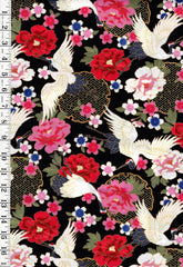 Japanese - Asano Cranes, Cherry Blossoms & Peonies - G500-1E-Black - By the Half Yard