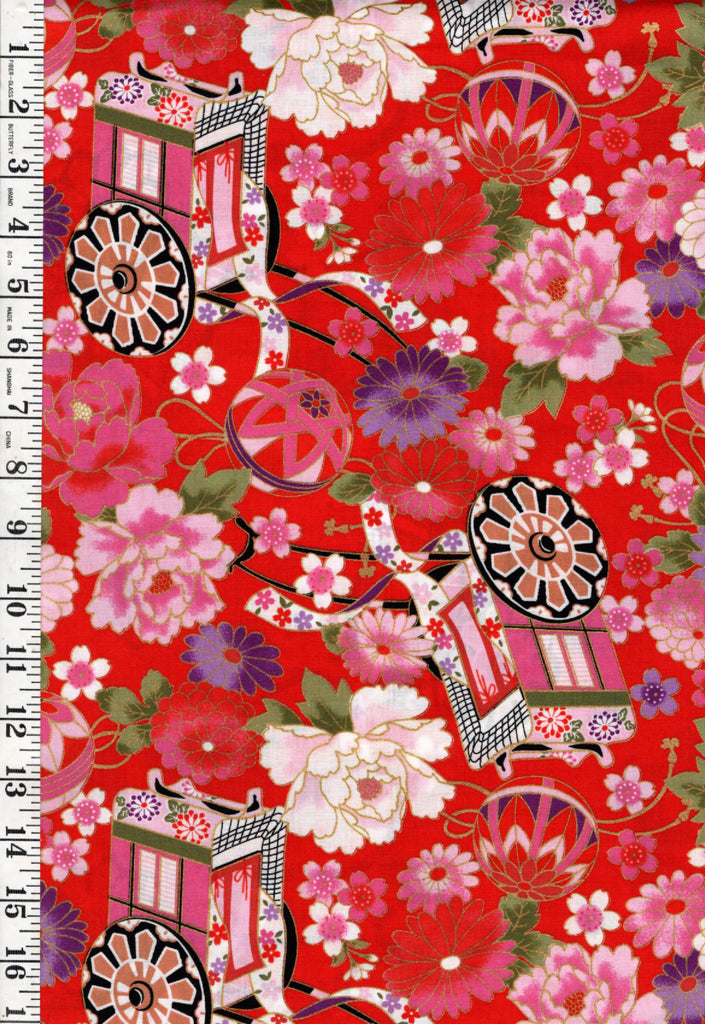 Japanese - Asano Flower Cart, Temari Balls & Peonies - G500-2C-Red - By the Half Yard