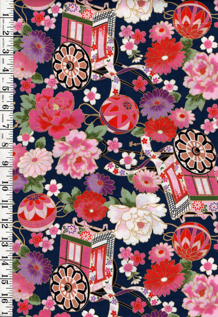 Japanese - Asano Flower Cart, Temari Balls & Peonies - G500-2D - Navy - By the Half Yard