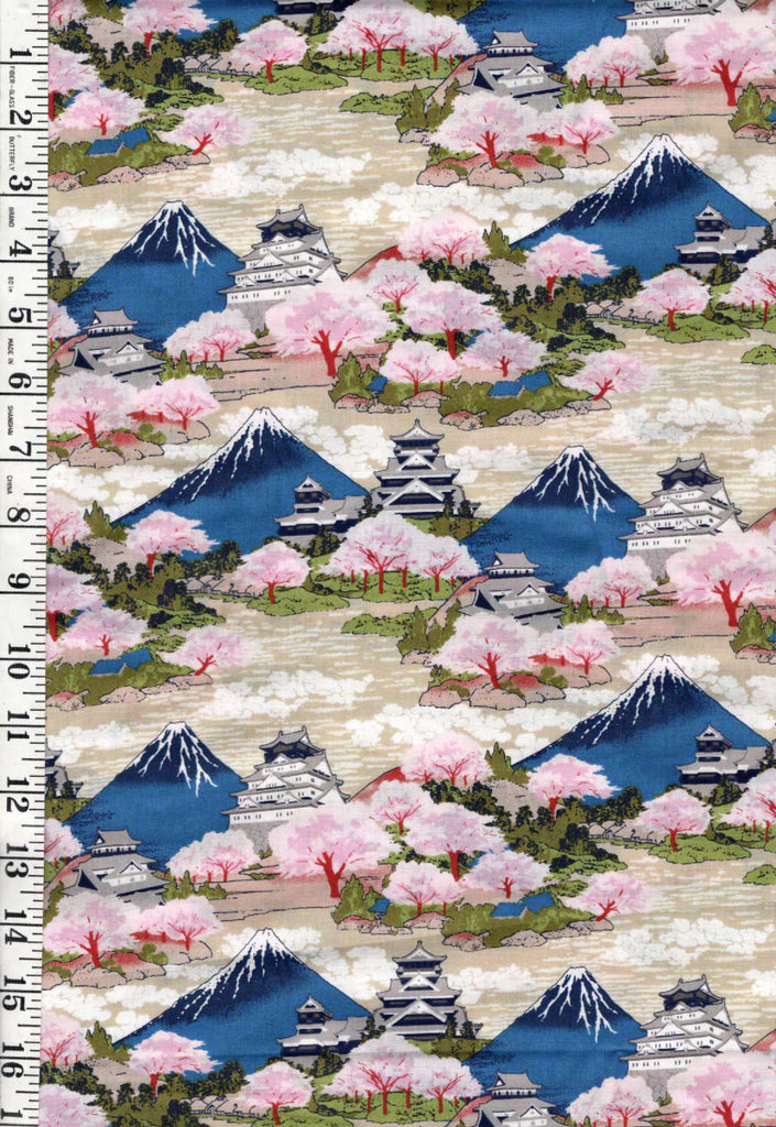 *Japanese - Asano Mt. Fuji, Cherry Blossoms & Castles - A-5030-19D - Tan - By the Half Yard