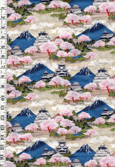 *Japanese - Asano Mt. Fuji, Cherry Blossoms & Castles - A-5030-19D - Tan - By the Half Yard