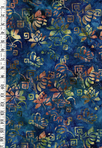 *Batik - Lotus Blossoms & Swirling Squares - Blue Multi-Color - By the Half Yard