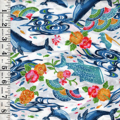 *Japanese - Cosmo Okinawa Bingata Style - Whales, Turtles & Hibiscus - AP52109-2A - White - By the Half Yard