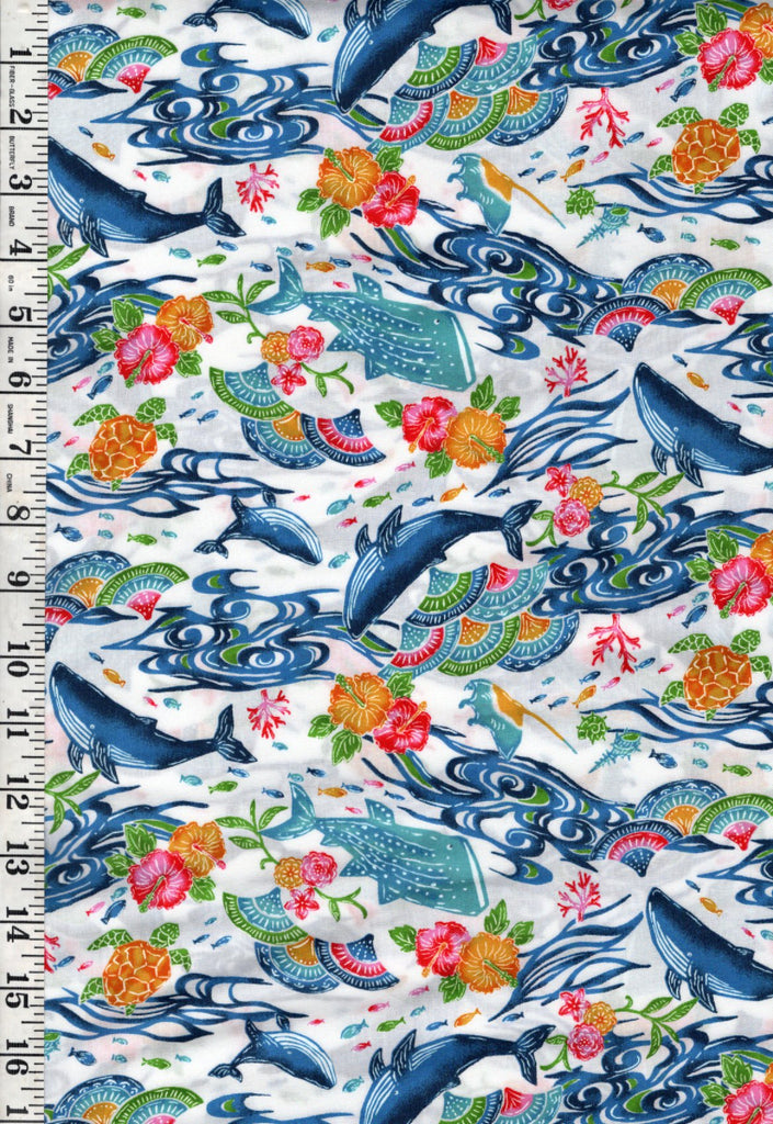 *Japanese - Cosmo Okinawa Bingata Style - Whales, Turtles & Hibiscus - AP52109-2A - White - By the Half Yard