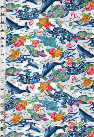 *Japanese - Cosmo Okinawa Bingata Style - Whales, Turtles & Hibiscus - AP52109-2A - White - Last 3/4 Yard