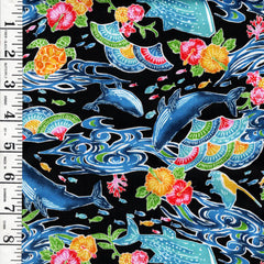 *Japanese - Cosmo Okinawa Bingata Style - Whales, Turtles & Hibiscus - AP52109-2E - Black - By the Half Yard