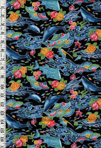 *Japanese - Cosmo Okinawa Bingata Style - Whales, Turtles & Hibiscus - AP52109-2E - Black - Last 7/8 Yard