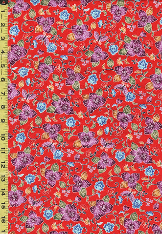 *Japanese - Cosmo Okinawa Bingata Style - Pretty Leafy Floral & Small Butterflies - AP35904-1D - Red