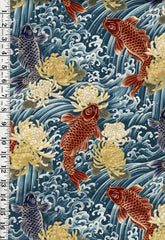 Quilt Gate - Carp, Crested Waves & Mums - HR3510-12A - BLUE - By the Half Yard