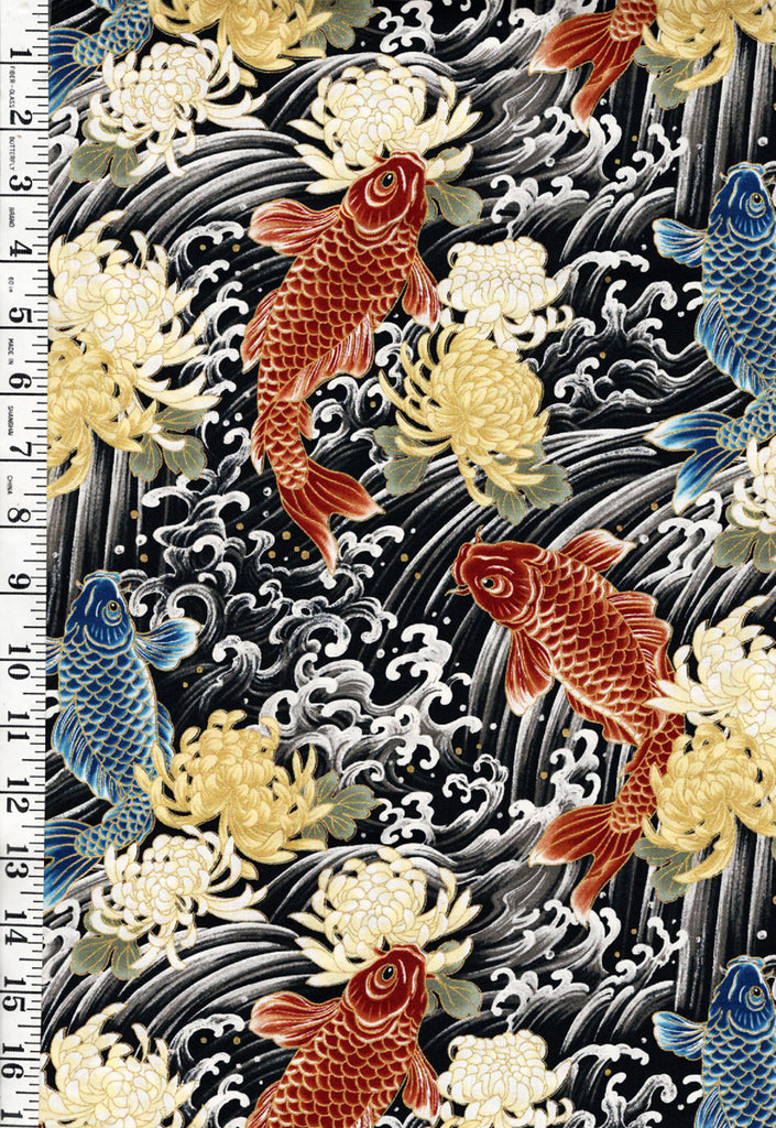 *Quilt Gate - Carp, Crested Waves & Mums - HR3510-12E - BLACK - By the Half Yard