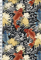 *Quilt Gate - Carp, Crested Waves & Mums - HR3510-12E - BLACK - By the Half Yard
