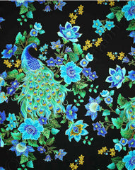 *Asian - Ornate Peacock & Floral Garden - Plume 8662 - Black - By the Yard