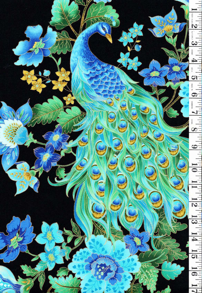 *Asian - Ornate Peacock & Floral Garden - Plume 8662 - Black - By the Yard